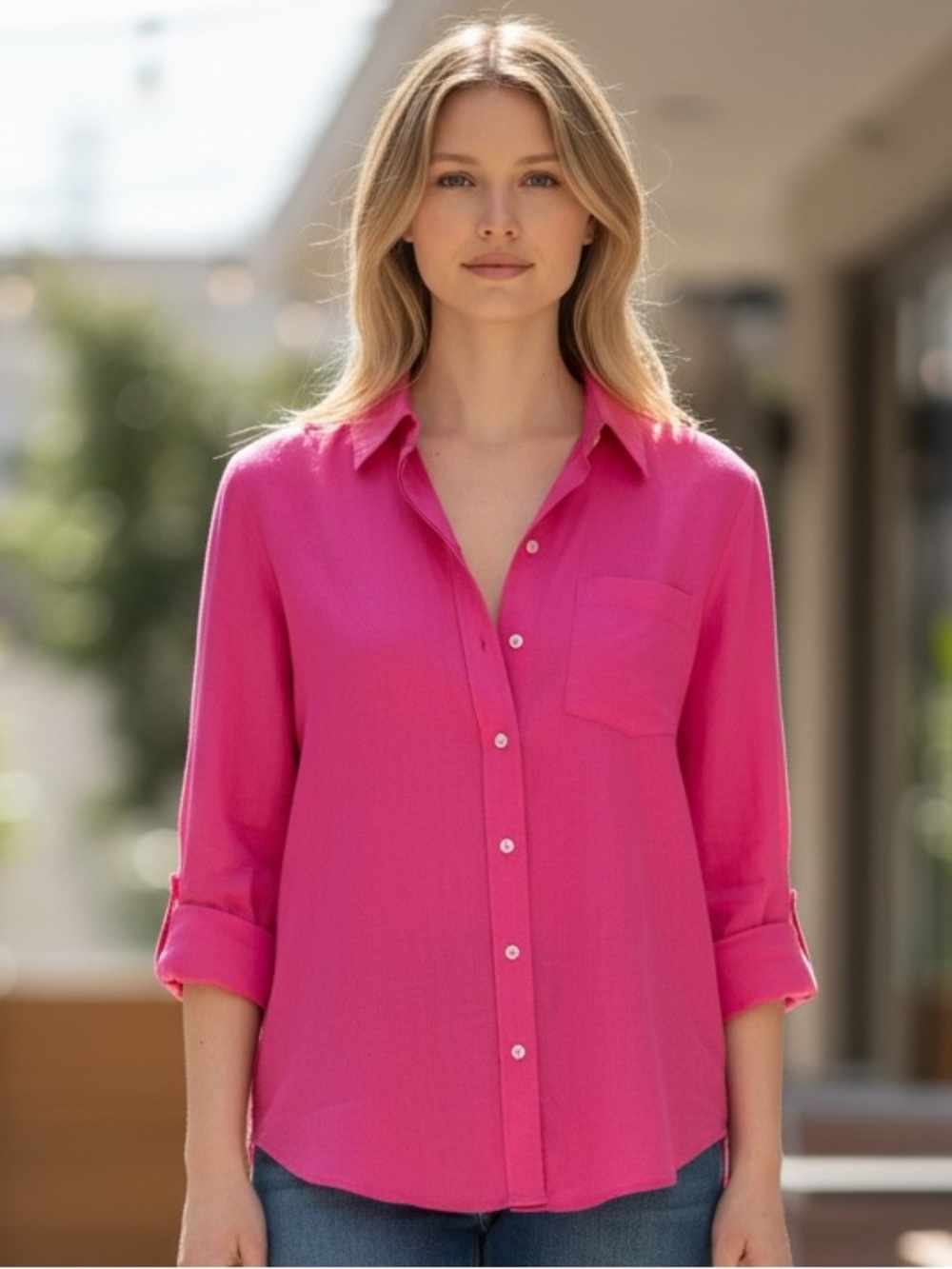 Gap Women's M Linen Blend Button‎ Up Shirt Pink NWT 0150
